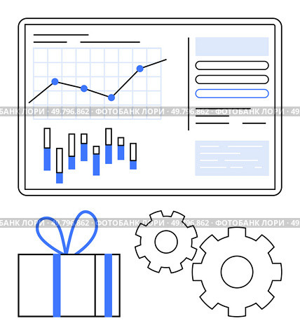 Business dashboard with line and bar charts, gift box, and gears symbolizing data analysis, rewards, and operational efficiency. Ideal for business, analytics, operations, productivity marketing. Business Dashboard with Charts, Gears, and Gift Box Representing Data and Operational Efficiency. Стоковая иллюстрация, агентство Ingram Publishing / Фотобанк Лори