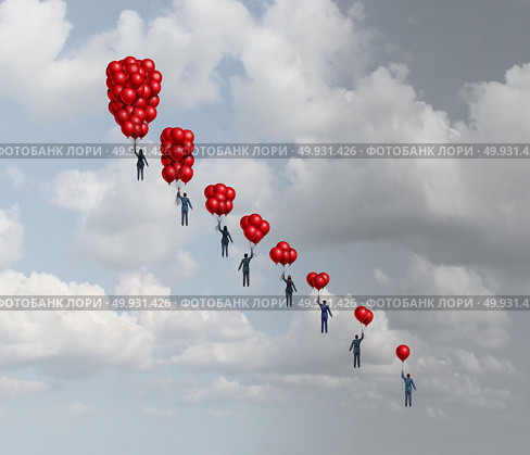 Business decline concept as a group of business people holding gradual decreasing air balloons as a financial decrease metaphor with 3D illustration elements. Стоковое фото, агентство Ingram Publishing / Фотобанк Лори