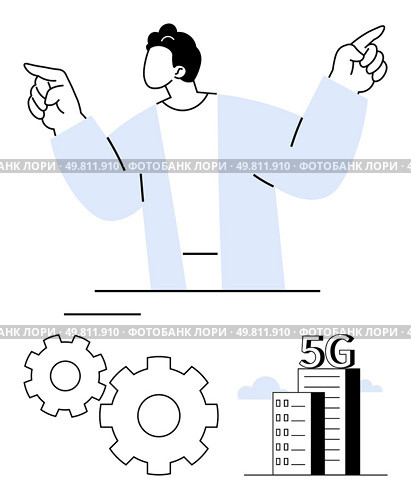Business figure pointing fingers, two interconnected gears, and a 5G-enabled building scene. Ideal for technology, business strategy, innovation, telecommunications, networking, industrial design. Business figure pointing with gears and 5G network building concept in a minimalist style. Стоковая иллюстрация, агентство Ingram Publishing / Фотобанк Лори