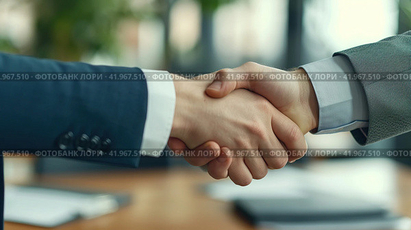 Business handshake . Two businessmen made a deal. Generative AI. Стоковое AI-изображение, AI-художник Александр Трофимович / Фотобанк Лори