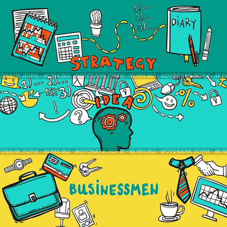 Business horizontal banner set with strategy idea businessman hand drawn elements isolated vector illustration. Стоковая иллюстрация, агентство Ingram Publishing / Фотобанк Лори