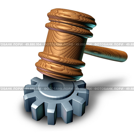 Business law concept with a judge mallet or judges wooden gavel hammering a metal gear or cog wheel as a metaphor for corporate regulations and legal lawyer or attorney guidance for companies. Стоковое фото, агентство Ingram Publishing / Фотобанк Лори