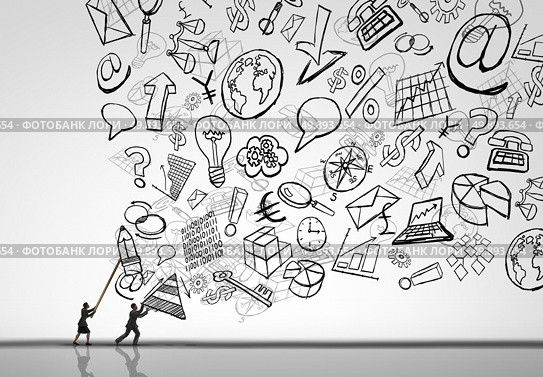 Business management challenge as a businesswoman and businessman controlling the deluge of corporate office issues as drawings of economic symbols being held back by manager professionals in a 3D illustration style. Стоковое фото, агентство Ingram Publishing / Фотобанк Лори