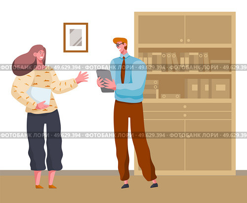 Business meeting colleagues or partners. Businesspeople communicating, managers discuss new project and marketing strategy. Man and smiling woman holding paper sheet talking in the office space. Business meeting colleagues or partners. Businesspeople communicating, managers discuss new project. Стоковая иллюстрация, агентство Ingram Publishing / Фотобанк Лори