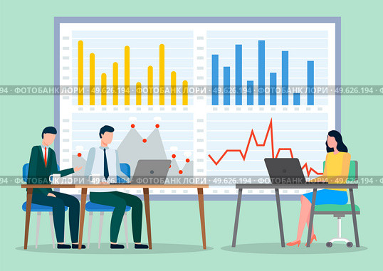 Business meeting, consideration of working issues. Working space office workers sitting at desks with laptops. Business people man and woman talking communication, discuss presentation graph and chart. Working space office workers sitting at desks with laptops. Business meeting or working process. Стоковая иллюстрация, агентство Ingram Publishing / Фотобанк Лори