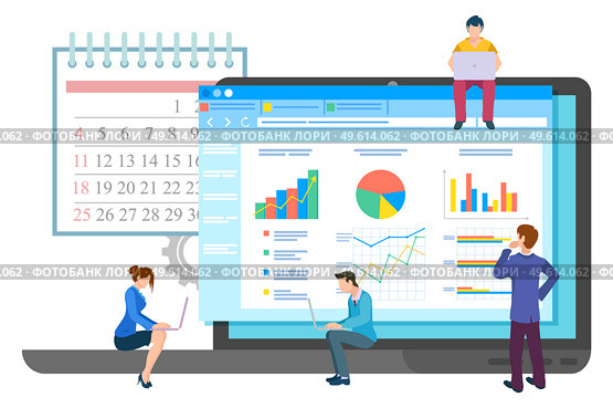 Business meeting or working process. Office workers standing and sitting near big screen with laptops. Business people man and woman talking communication, discuss presentation graph and chart. Working space, people sitting near big screen with laptops. Business meeting or working process. Стоковая иллюстрация, агентство Ingram Publishing / Фотобанк Лори