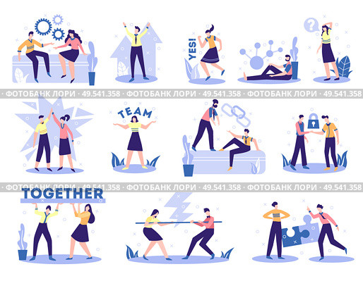 Business partnership concept 12 flat compositions set with collaboration team work support sealing profitable deals  vector illustration. Стоковая иллюстрация, агентство Ingram Publishing / Фотобанк Лори