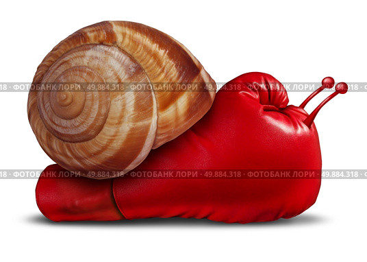 Business patience noncompetitive crisis and inferior competitive skill as a red boxing glove shaped as a snail in a unambitious metaphor for lack of innovation and weak sales success due to sluggish fighting spirit or long term strategy. Стоковое фото, агентство Ingram Publishing / Фотобанк Лори
