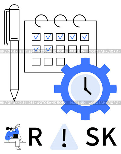 Business planning concept featuring a calendar with checkmarks, a pen, a clock gear, and a risk analysis symbol with a blue alert triangle. Ideal for project management, time management, scheduling. Business Planning Concept with Calendar, Pen, Clock Gear and Risk Analysis Symbol. Стоковая иллюстрация, агентство Ingram Publishing / Фотобанк Лори