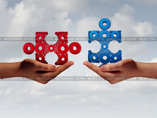 Business solution people concept with human hands putting together a jigsaw puzzle made of gears with 3D illustration elements. Стоковое фото, агентство Ingram Publishing / Фотобанк Лори