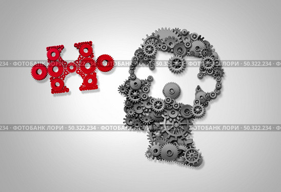 Business teaching and corporate training concept or skill development symbol a puzzle piece made of gears shaped as a head as a technology or learning and education metaphor with 3D illustration. Стоковое фото, агентство Ingram Publishing / Фотобанк Лори