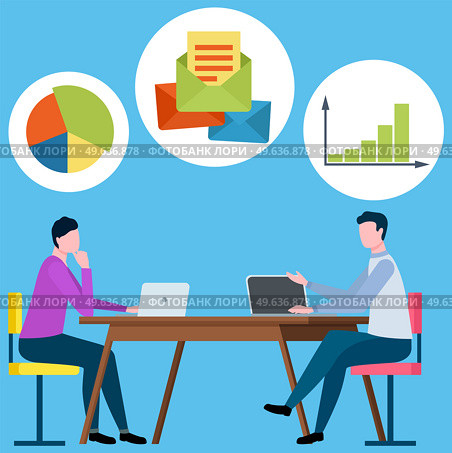 Business team mind map. Group of people thinking and brainstorming. Men at meeting discussing doing business. Characters work with enterprise data and statistics. Businesspeople communicate and work. Business team mind map. Group of people thinking and brainstorming. Men at meeting discussing work. Стоковая иллюстрация, агентство Ingram Publishing / Фотобанк Лори