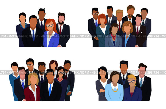 Business team vector concepts set. People in strict clothing standing together and looking on viewer isolated flat illustration. Faceless men and women characters on working collective group portrait. Стоковая иллюстрация, агентство Ingram Publishing / Фотобанк Лори