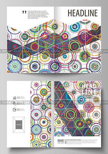 Business templates for bi fold brochure, magazine, flyer, booklet or annual report. Cover design template, easy editable vector, abstract flat layout in A4 size. Bright color background in minimalist style made from colorful circles.. Business templates for bi fold brochure, magazine, flyer, report. Cover design template, abstract vector layout in A4 size. Bright color background in minimalist style made from colorful circles. Стоковая иллюстрация, агентство Ingram Publishing / Фотобанк Лори