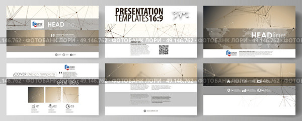 Business templates in HD format for presentation slides. Abstract vector layouts in flat design. Technology, science, medical concept. Golden dots and lines, cybernetic digital style. Lines plexus.. Business templates in HD format for presentation slides. Easy editable abstract vector layouts in flat design. Technology, science, medical concept. Golden dots and lines, cybernetic digital style. Lines plexus. Стоковая иллюстрация, агентство Ingram Publishing / Фотобанк Лори