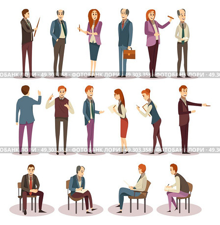 Business Trainings And Coaching Icons Set. Business trainings and coaching icons set with consultants and learners in various positions isolated vector illustration. Стоковая иллюстрация, агентство Ingram Publishing / Фотобанк Лори