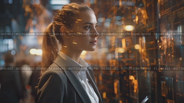 Business woman stands in front of a wall adorned with bright lights, creating a visually striking backdrop. Стоковое видео, видеограф Данила Большаков / Фотобанк Лори
