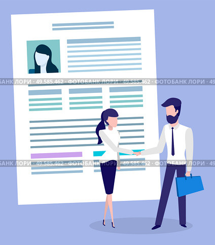 Businessman and businesswoman do handshaking about deal. Important document on background, contract. Meeting of managers for agreement about business. Vector illustration of paper file in flat style. Business Document, Contract Between Woman and Man. Стоковая иллюстрация, агентство Ingram Publishing / Фотобанк Лори