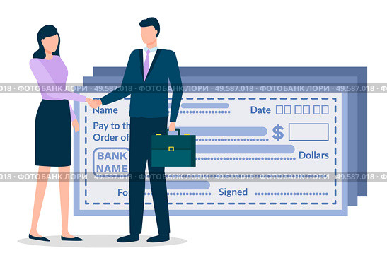 Businessman and businesswoman doing handshaking about deal. Man and woman stand near paychecks. Meeting for agreement about business. Payment using bank payroll. Vector illustration in flat style. Man and Woman on Business Meeting, Bank Paycheck. Стоковая иллюстрация, агентство Ingram Publishing / Фотобанк Лори