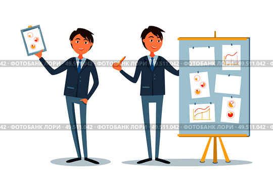 Businessman at seminar, presenter with plan on board vector. Boss holding clipboard with charts and graphs. Chief executive, boss with diagrams vector. Businessman at Seminar Presenter with Plan Board. Стоковая иллюстрация, агентство Ingram Publishing / Фотобанк Лори