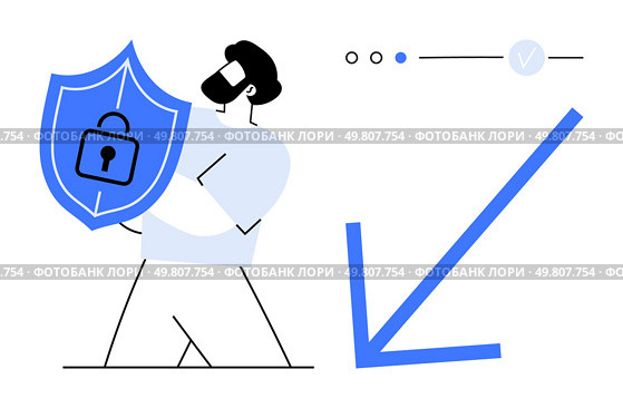 Businessman holding a shield with a lock icon, indicating cybersecurity, with UI elements and a downward arrow. Ideal for cybersecurity, data protection, technology, business safety, online security. Businessman Holding a Shield with a Lock Icon for Cybersecurity and Data Protection. Стоковая иллюстрация, агентство Ingram Publishing / Фотобанк Лори