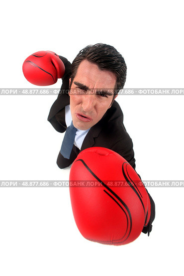 businessman holding boxing gloves looking ferocious. Стоковое фото, агентство Ingram Publishing / Фотобанк Лори
