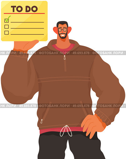 Businessman holding to do list in hand, complete checklist, worksheet with tick marks. Business organization and achievements of goals. Check list, questionnaire, management and tasks planning. Businessman holding to do list in hand, big complete checklist, worksheet with tick marks. Стоковая иллюстрация, агентство Ingram Publishing / Фотобанк Лори
