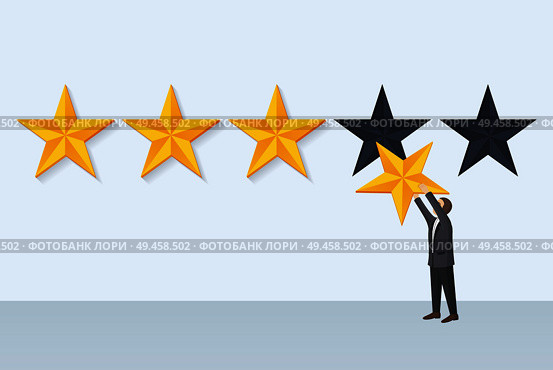 Businessman holds star fixing rank, giving own opinion and rate of something, report and positive feedback, customer satisfaction vector illustration. Businessman Holds Star Fixing Vector Illustration. Стоковая иллюстрация, агентство Ingram Publishing / Фотобанк Лори