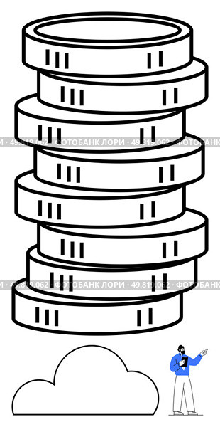 Businessman in blue presenting with raised arm next to a stack of coins and a cloud below. Ideal for finance, banking, investment, cloud computing, growth strategies, business presentations. Businessman Presenting Stacked Coins and Cloud Growth Concept in Blue and White. Стоковая иллюстрация, агентство Ingram Publishing / Фотобанк Лори