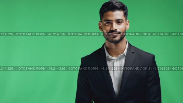 Businessman smiling confident on green screen. Male dressed in a stylish formal outfit. Professional millennial man isolated on green background. Chroma key backdrop. Headshot portrait. Presentation. Стоковое AI-видео, аниматор Марина Демидюк / Фотобанк Лори