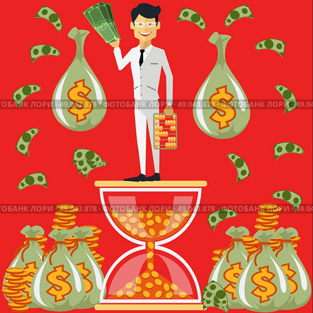 Businessman standing on the hourglass. Smiling businessman standing on the hourglass in which coin holding dollars near bags of money. Winnings in lottery. Time is money concept. Flying around dollar notes cartoon red flat design style. Стоковая иллюстрация, агентство Ingram Publishing / Фотобанк Лори