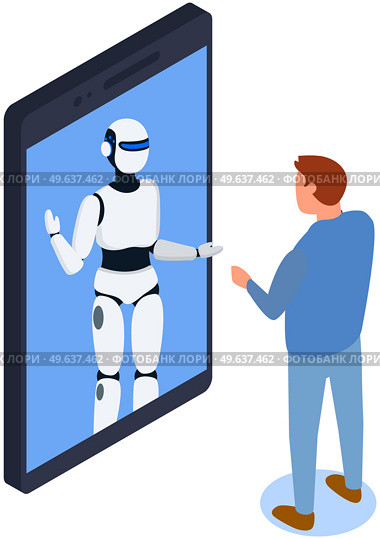 Businessman talks to robot in smartphone chat. Male character having consultation with robot. Chatting bot helping human with working tasks. Cyberspace and innovations concept. Communication with bot. Businessman talks to robot in smartphone chat. Chatting bot helping human with working tasks. Стоковая иллюстрация, агентство Ingram Publishing / Фотобанк Лори
