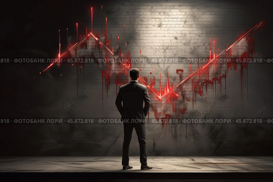 Businessman watching bloody stock market crashing graph on brick wall. Стоковое AI-изображение, AI-художник Иван Рябоконь / Фотобанк Лори