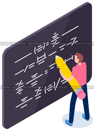 Businessman with big pencil planning strategy. Male character draws symbols on blackboard. Man stands about board showing scheme. Guy with pencil writes dashes. Guy draws isolated on white background. Businessman with big pencil planning strategy. Male character drawing symbols on blackboard. Стоковая иллюстрация, агентство Ingram Publishing / Фотобанк Лори