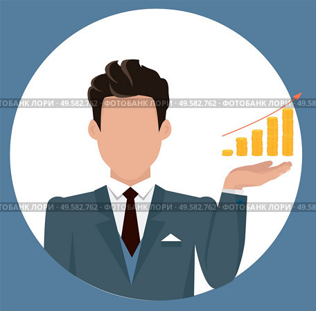 Businessman with infochart and arrow vector, isolated male in frame. Person with arrowhead and gold coins, character showing investment deposit plan. Businessman Holding Chart Made of Money Vector. Стоковая иллюстрация, агентство Ingram Publishing / Фотобанк Лори