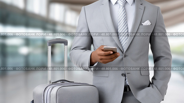 Businessman with Smartphone and Luggage in Modern Airport. Бизнесмен со смартфоном и багажом в современном аэропорту. Стоковое AI-изображение, AI-художник Katsiaryna Repich / Фотобанк Лори
