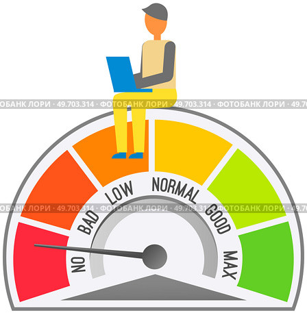 Businessman working with computer near scale from no to max. Software developer measures speed, earn in internet, success. Concept of quality and speed test of work, indicators of gradation of profit. Businessman working with computer near scale from no to max. Complexity of task and quality of work. Стоковая иллюстрация, агентство Ingram Publishing / Фотобанк Лори