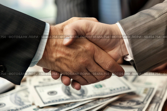 Businessmen shaking hands over stack of money, making a deal. Стоковое AI-изображение, AI-художник Иван Рябоконь / Фотобанк Лори
