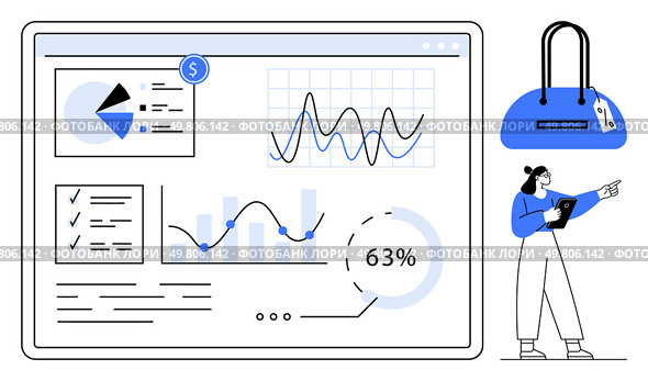 Businesswoman analyzing financial data on a large digital screen with graphs, pie chart, and percentages. Ideal for analytics, finance, business strategy, market research, presentations, e-commerce. Data analysis and financial trends on a digital screen with a woman holding a tablet and pointing. Стоковая иллюстрация, агентство Ingram Publishing / Фотобанк Лори