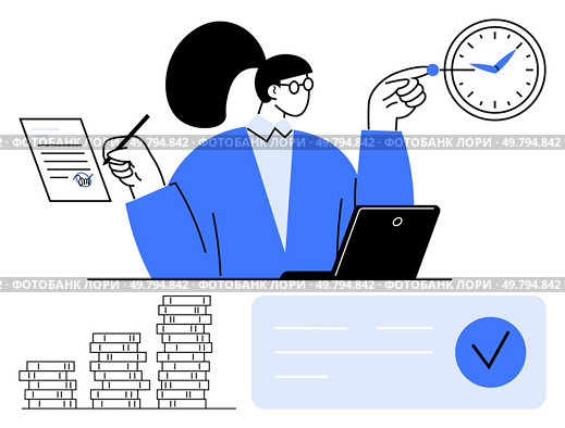 Businesswoman managing various tasks including time management and document approval, while analyzing financial data on laptop. Ideal for productivity, workflow, business management, finance, time. Businesswoman Juggling Tasks Managing Time, Approvals, and Analyzing Financial Data. Стоковая иллюстрация, агентство Ingram Publishing / Фотобанк Лори