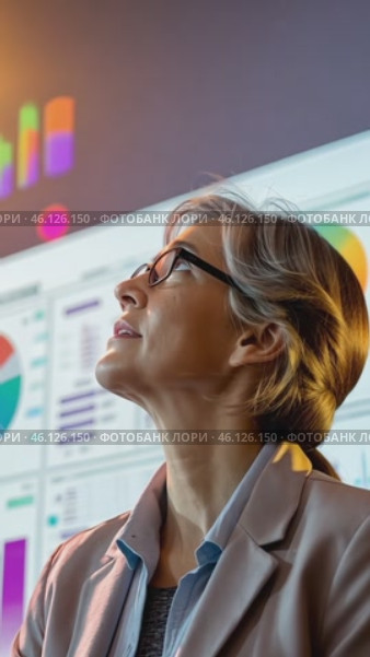 Businesswoman observing increasing graph on big screen in office at night. Стоковое AI-видео, аниматор Юрий Поздников / Фотобанк Лори