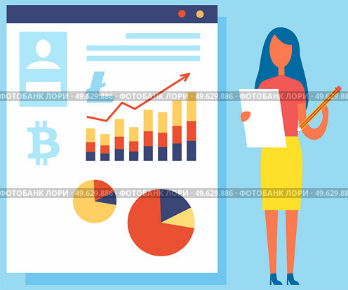 Businesswoman speaker giving presentation of what is blockchain technology using visual aids. Business conference meeting concept, woman standing near poster with cryptocurrencies financial analytics. Businesswoman speaker giving presentation of what is blockchain technology using visual aids. Стоковая иллюстрация, агентство Ingram Publishing / Фотобанк Лори