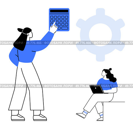 Businesswoman using a large calculator and colleague working on a laptop, large gear symbol in the background. Ideal for business, technology, teamwork, productivity, office work, financial. Businesswoman Utilizing Large Calculator and Colleague Working on Laptop in Tech-Oriented Setting. Стоковая иллюстрация, агентство Ingram Publishing / Фотобанк Лори