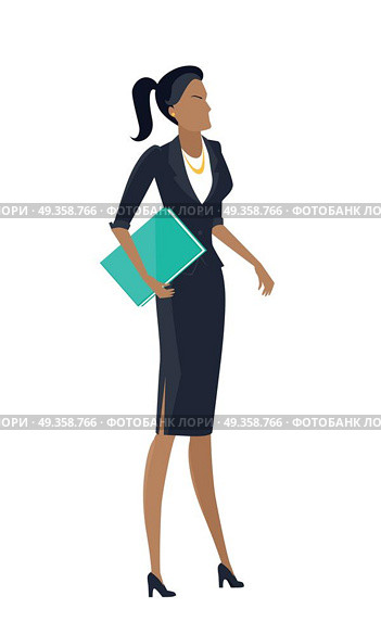 Businesswoman Vector Illustration in Flat Design.. Businesswoman vector in flat design. Female character in business clothing with documents. Secretary, woman leader, feminist illustration for company ad, presentation, infographics. Isolated on white. Стоковая иллюстрация, агентство Ingram Publishing / Фотобанк Лори