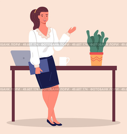 Businesswoman with ponytail, wearing blouse and skirt, holding folder in hand and gesturing. Business lady lean on table with laptop, cup and plant. Confident smiling woman, office worker portrait. Portrait of smiling businesswoman lean on table with laptop and plant, holding folder in hand. Стоковая иллюстрация, агентство Ingram Publishing / Фотобанк Лори