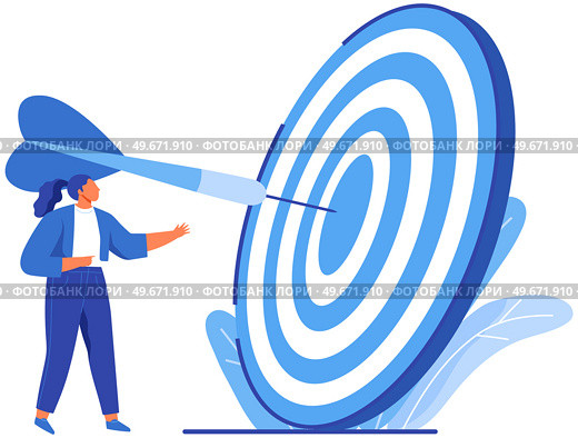 Businesswoman working with big target with arrow. Goals and objectives, business grow and plan concept. Targeting, target marketing concept. Woman planning business strategy for success, leadership. Businesswoman working with big target with arrow. Woman planning business strategy for success. Стоковая иллюстрация, агентство Ingram Publishing / Фотобанк Лори