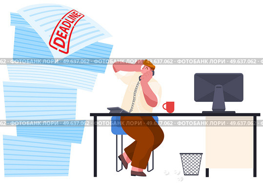 Busy businessman stressed due to excessive paperwork. Male employee performs work with documents to deal with deadlines in office. Man is talking on phone and looking at huge stack of tasks. Man is talking on phone and looking at huge stack of tasks to deal with deadlines at work. Стоковая иллюстрация, агентство Ingram Publishing / Фотобанк Лори