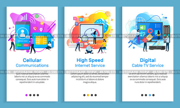 Cable TV vector, cellular communication, high speed internet service for clients, people with gadgets and devices, screens and monitors set. Website or slider app, landing page flat style. Cellular Communication and Cable Tv Television. Стоковая иллюстрация, агентство Ingram Publishing / Фотобанк Лори