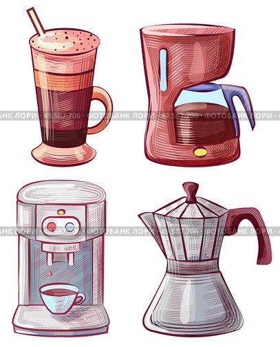 Caffeine beverage served in glass with straw vector, isolated machine for making coffee. Coffeemaker and moka pot italian devise for drink brewing. Moka Pot and Coffee Making Machine Latte Glass. Стоковая иллюстрация, агентство Ingram Publishing / Фотобанк Лори