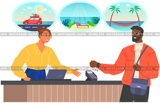 Cahier thinking about holidays, summer vacation. Dreamer woman working at checkout with pos terminal with thought of trip to resort. Thoughtful girl dreaming about future travel to ocean during work. Dreamer woman working at checkout with pos terminal thinking of trip to resort, summer vacation. Стоковая иллюстрация, агентство Ingram Publishing / Фотобанк Лори